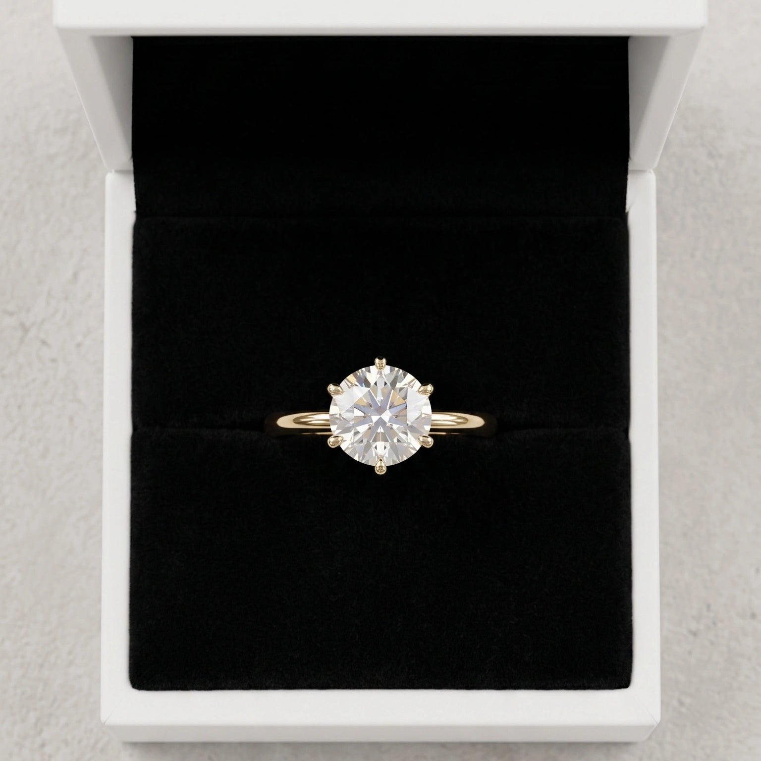 14K gold filled moissanite solitaire engagement ring presented in white ring box with black velvet interior - Sensitive Stones