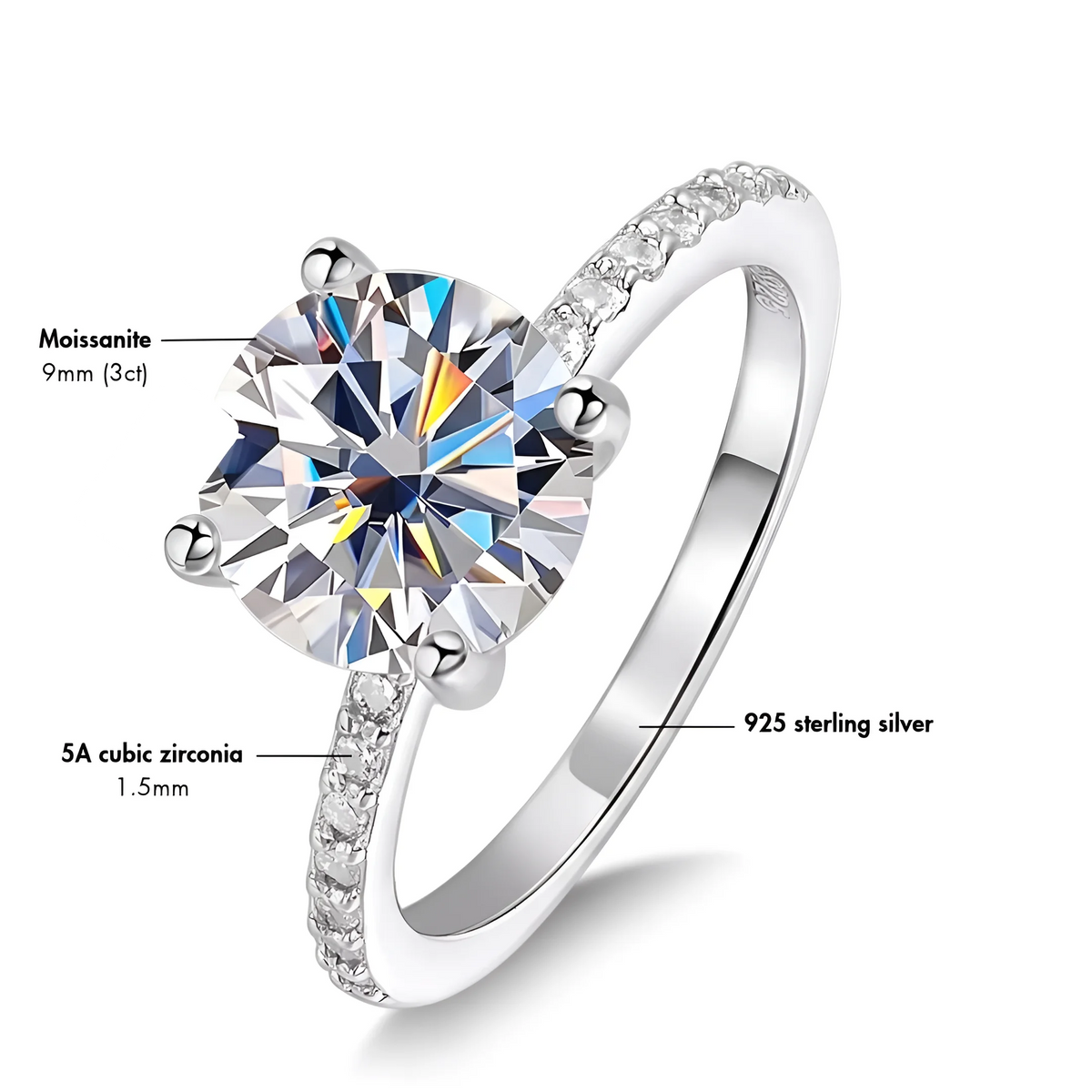 Specification diagram of the moissanite solitaire engagement ring showing the 9mm 3ct moissanite center stone with 1.5mm 5A cubic zirconia pave accents on a 925 sterling silver band - Sensitive Stones