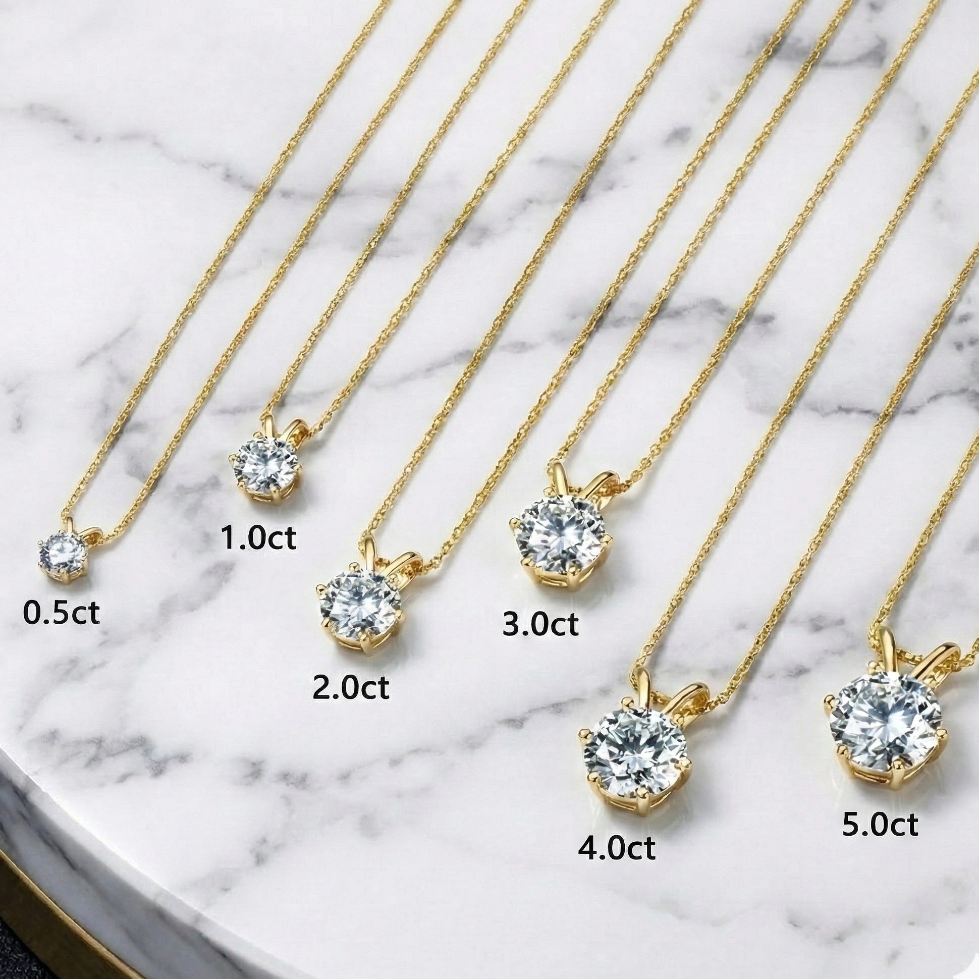 14K gold filled moissanite solitaire necklace size comparison - 0.5ct to 5ct options - Sensitive Stones