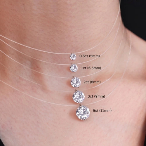 Moissanite solitaire necklace stone size comparison from 0.5ct (5mm) to 5ct (11mm) shown on the neck - Sensitive Stones