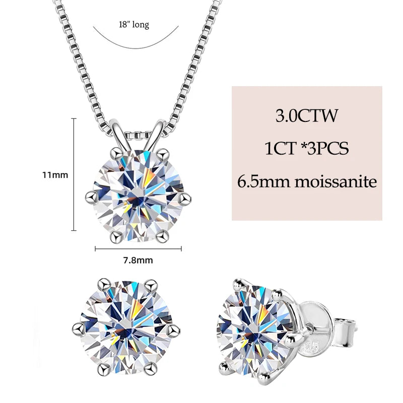 Moissanite solitaire necklace and stud earrings set in 925 silver and white gold plating, 1ct 6.5mm stones, elegant timeless 6-prong design - Sensitive Stones