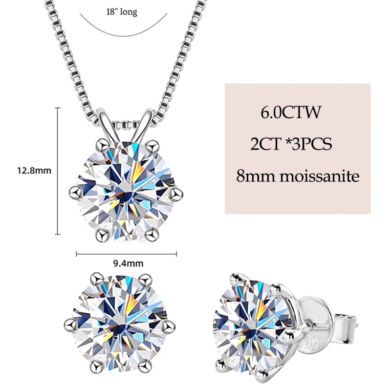 Moissanite solitaire necklace and stud earrings set in 925 silver and white gold plating, 2ct 8mm stones, showing classic 6-prong setting and radiant brilliance - Sensitive Stones