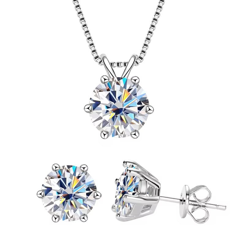 Silver moissanite solitaire necklace and matching stud earrings in white gold finish- Sensitive Stones