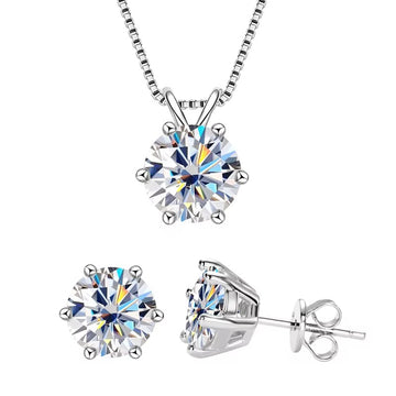 Silver moissanite solitaire necklace and matching stud earrings in white gold finish- Sensitive Stones