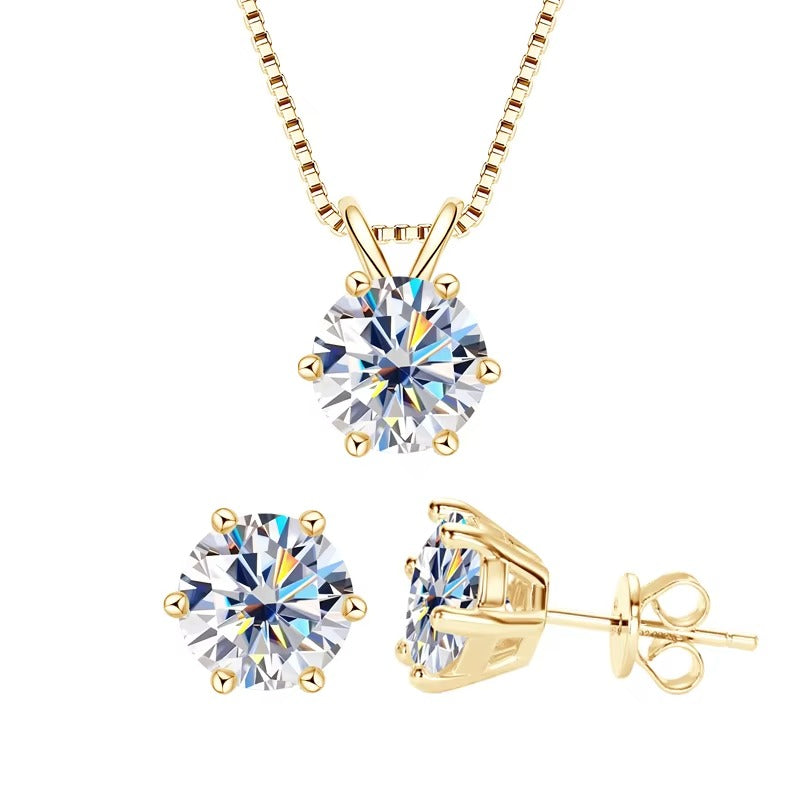 Silver moissanite solitaire necklace and matching stud earrings in yellow gold finish- Sensitive Stones