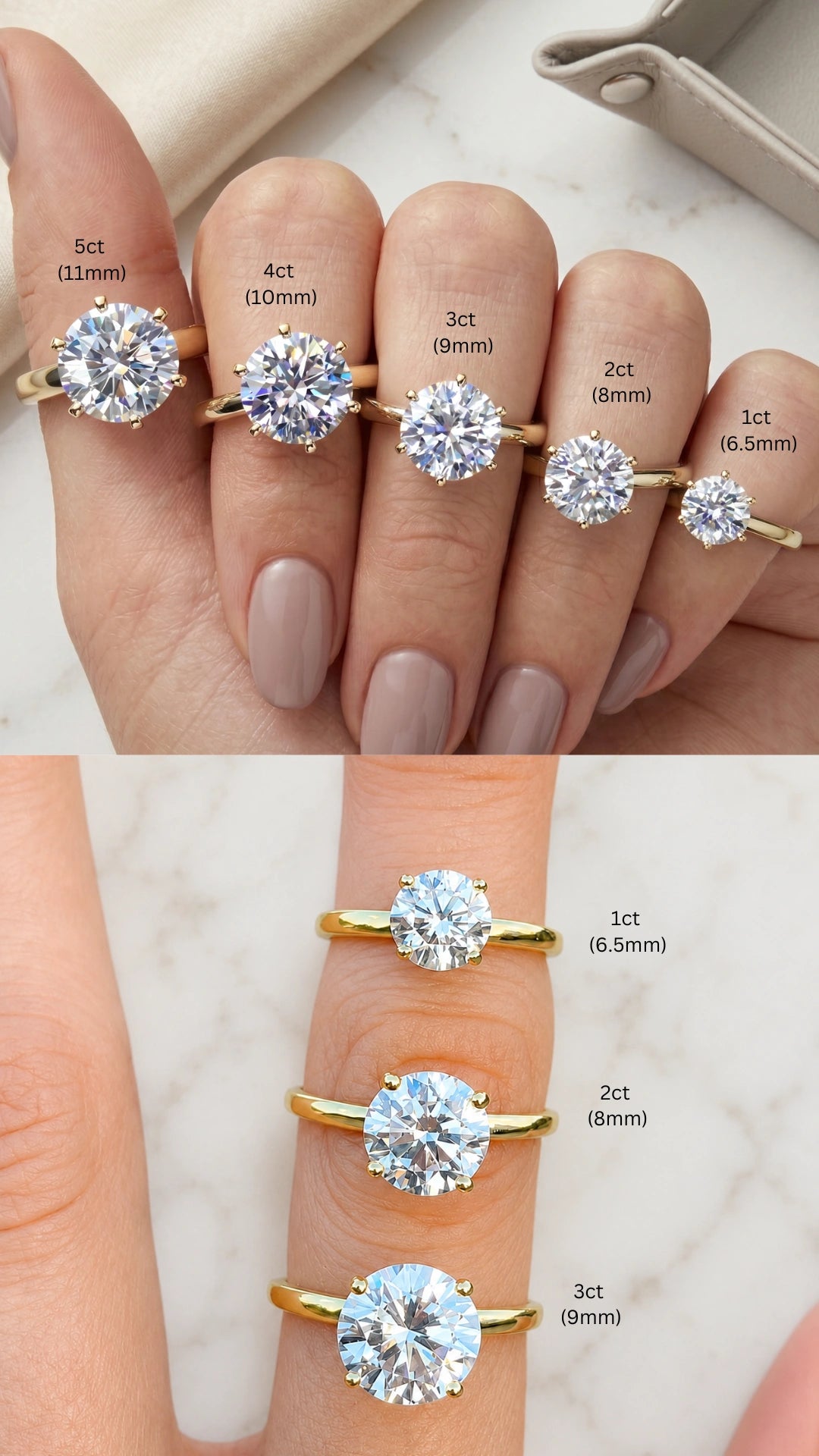Moissanite solitaire ring size comparison showing 1ct 6.5mm, 2ct 8mm and 3ct 9mm on hand - Sensitive Stones