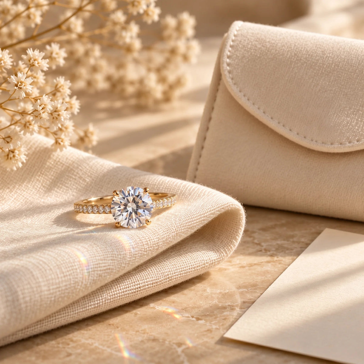 Moissanite solitaire ring on a cream gift envelope with dried flowers