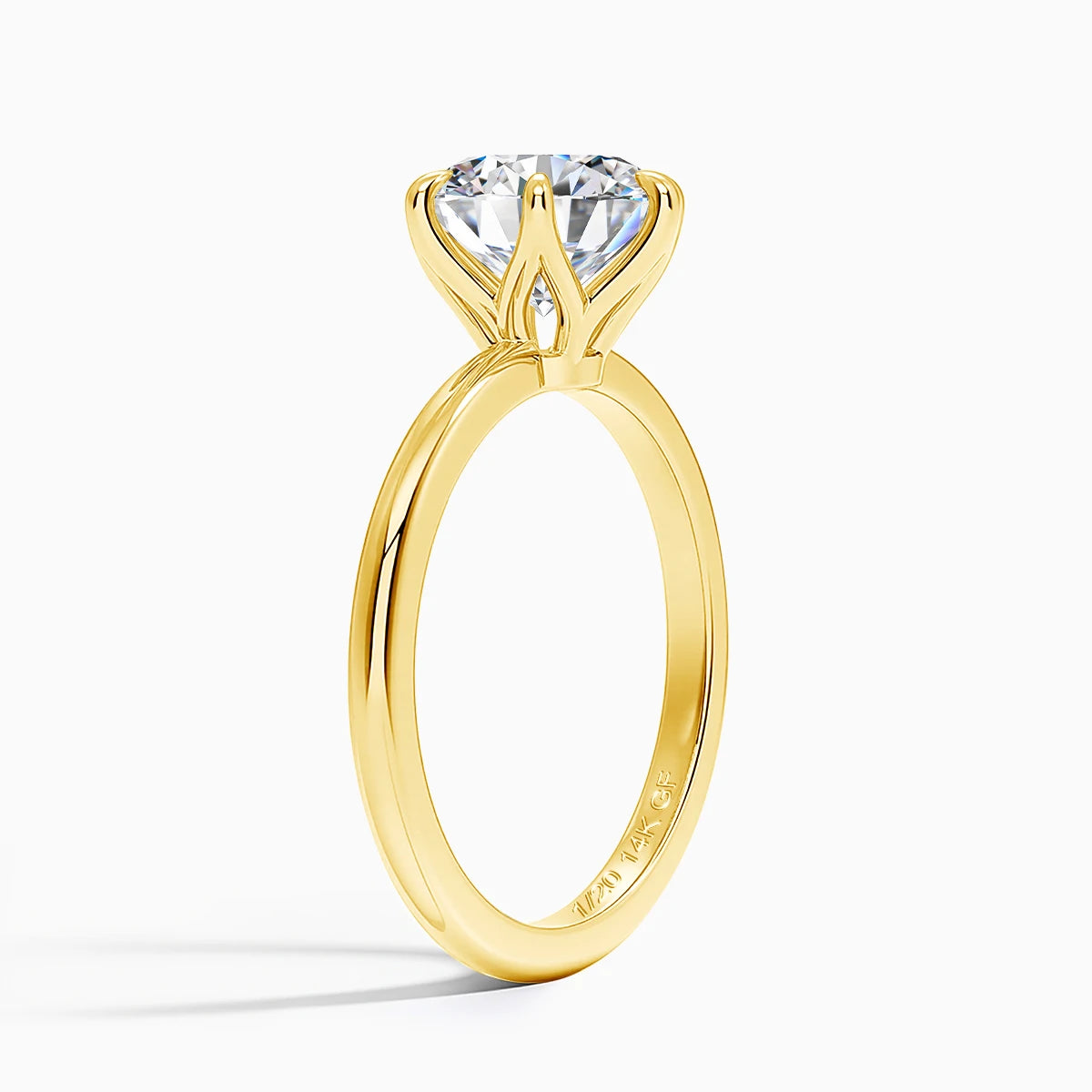 14K gold filled moissanite solitaire ring side view - 6-prong cathedral setting detail - Sensitive Stones