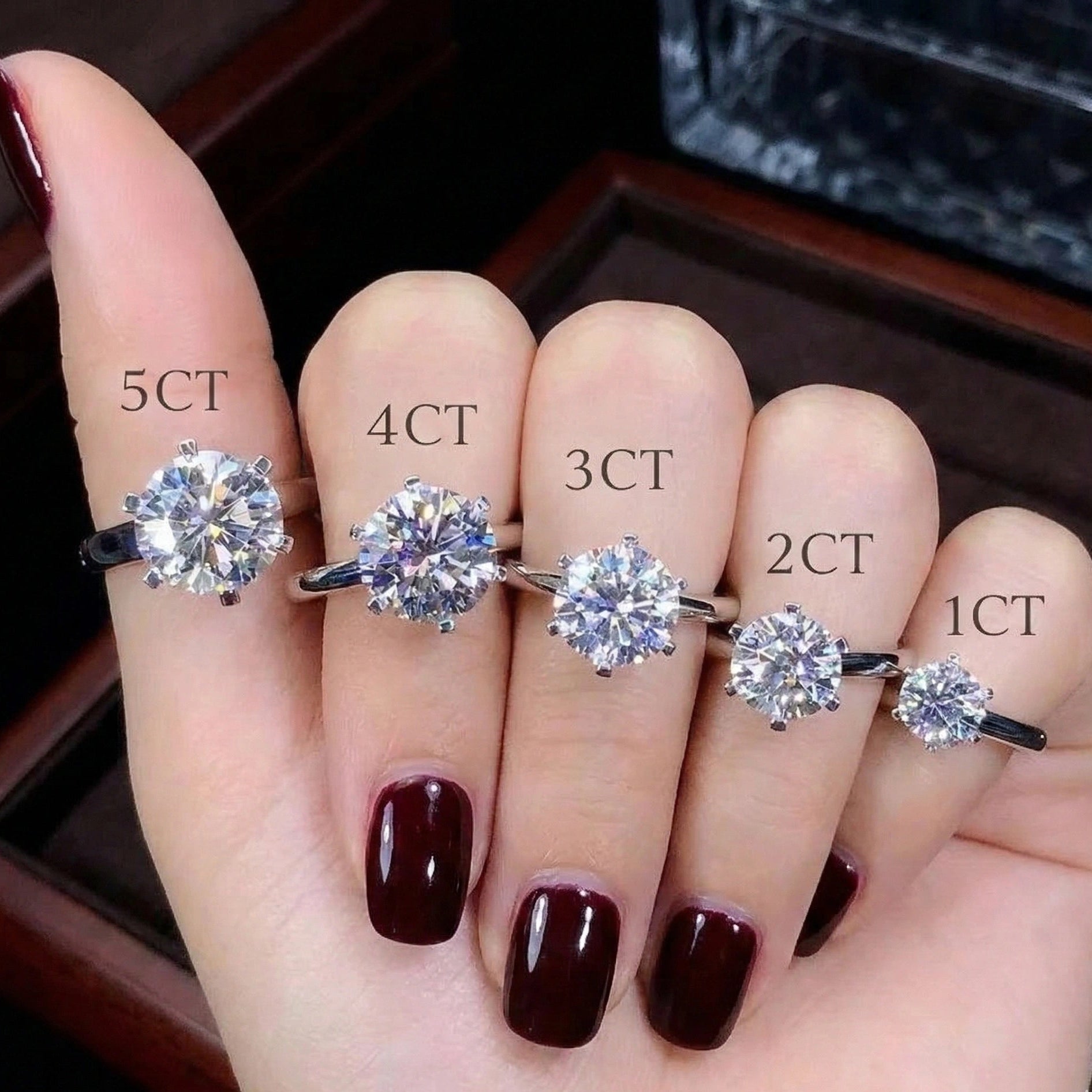 Moissanite classic solitaire ring size comparison 1ct to 5ct on hand - Sensitive Stones