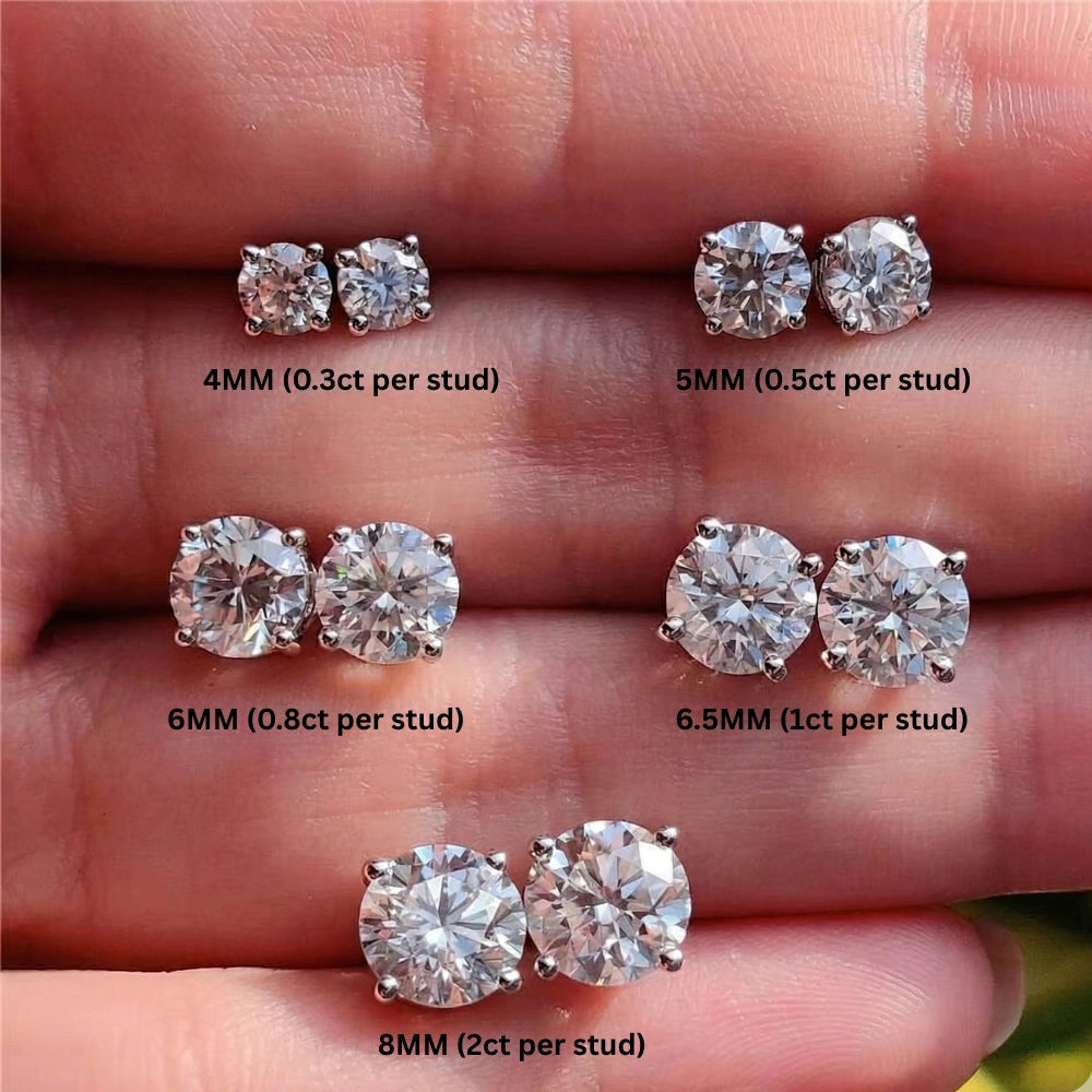 Unisex moissanite stud earring size comparison image showing 4mm, 5mm, 6mm, 6.5mm and 8mm pairs held on hand  sparkling in natural light - Sensitive Stonees