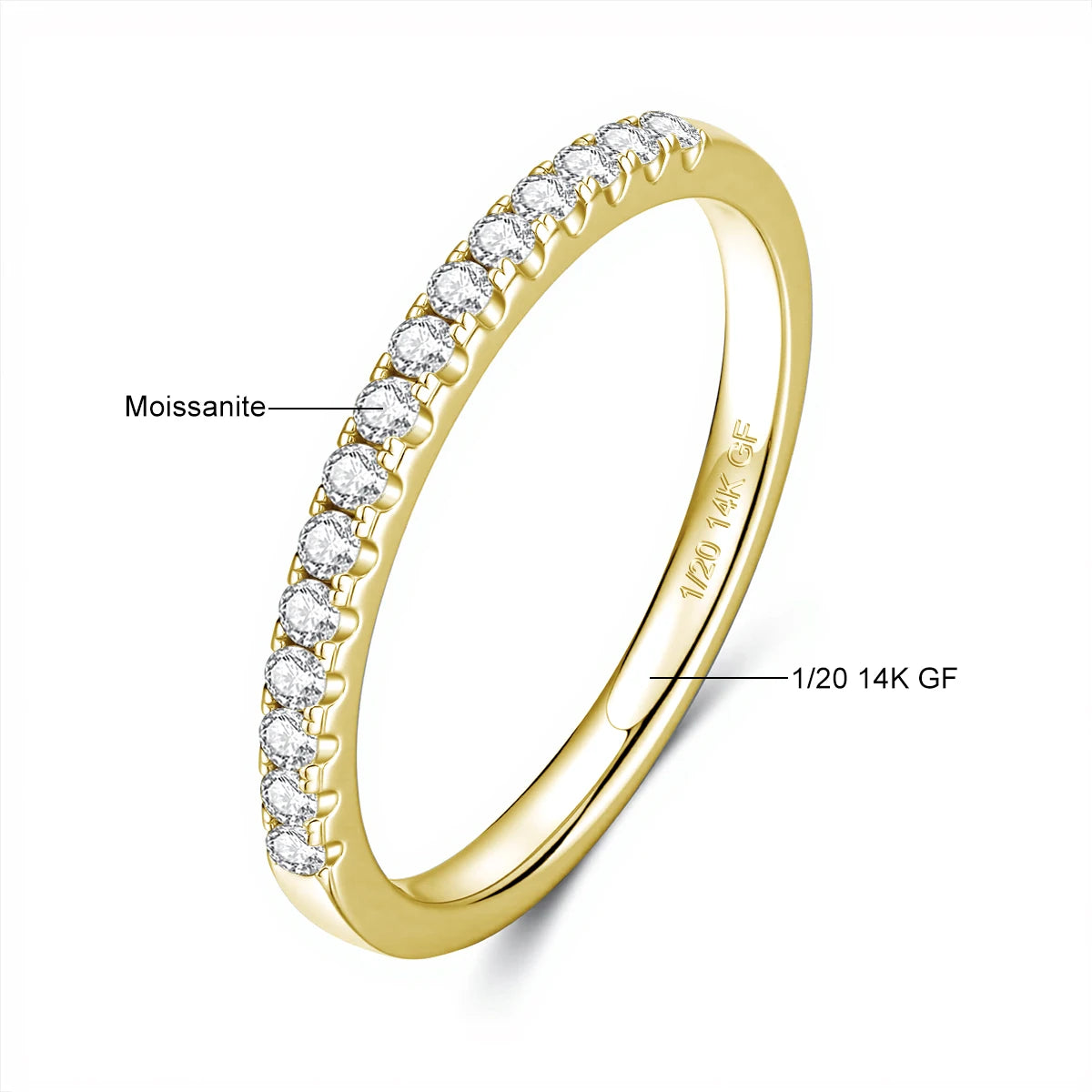 Angled view of the moissanite stackable ring showing prong-set stones and 1/20 14K GF gold filled stamp - Sensitive Stones
