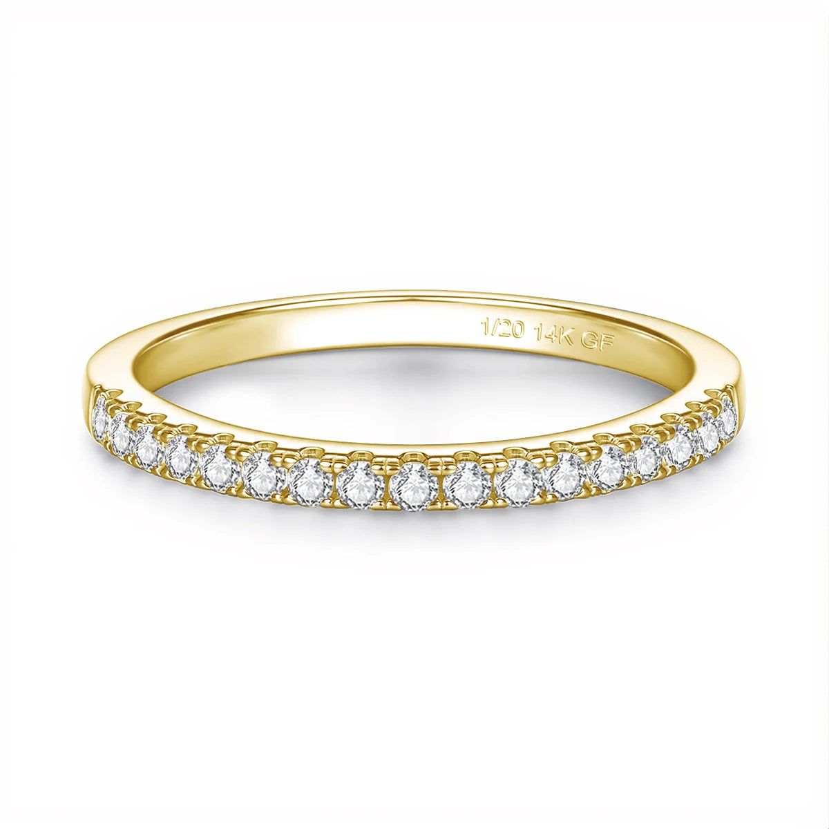 Moissanite stackable ring in 14K gold filled with 1.5mm prong-set stones, stamped 1/20 14K GF - Sensitive Stones