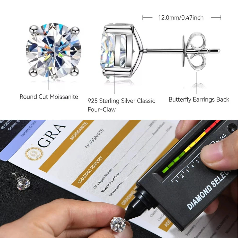 Round cut moissanite stud earrings 4-prong 925 sterling silver with butterfly back GRA grading report and diamond tester – Sensitive Stones