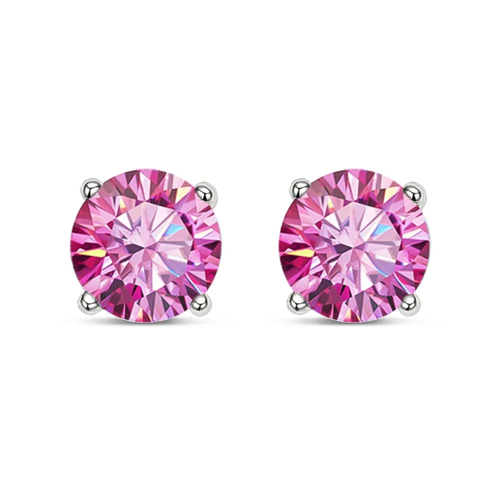 Pink moissanite solitaire stud earrings –  round cut in 18K gold plated 925 silver, unisex style | Sensitive Stones