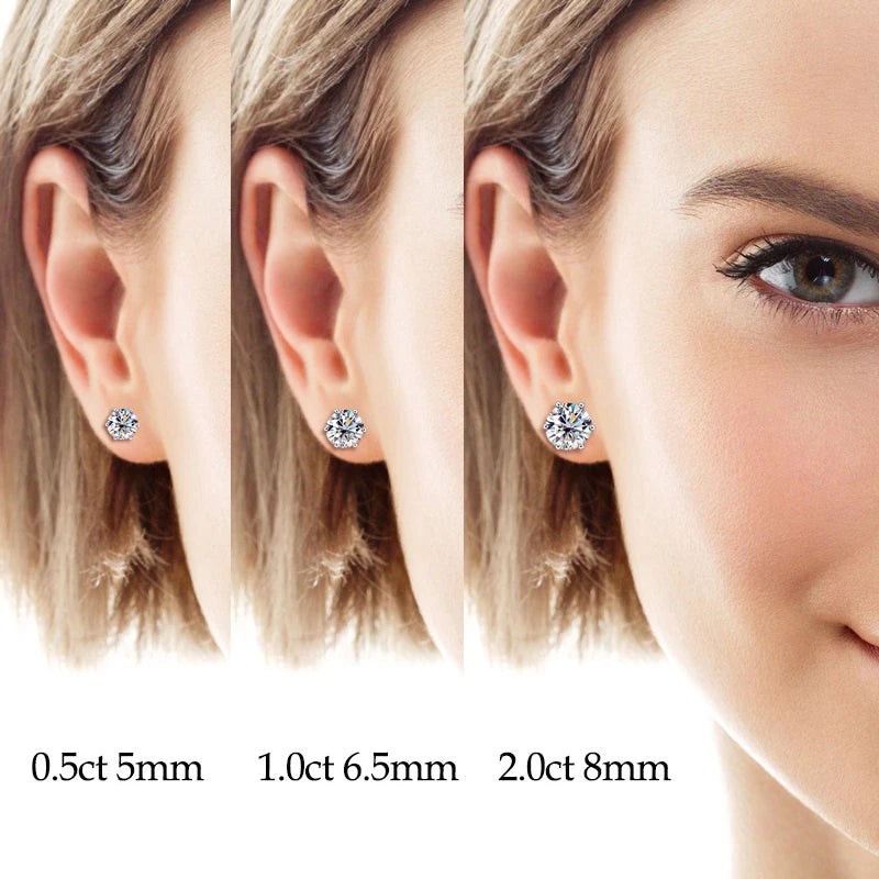 Moissanite round stud earrings size comparison in ear, showing 0.5ct (5mm), 1ct (6.5mm), and 2ct (8mm) options for customers - Sensitive Stones
