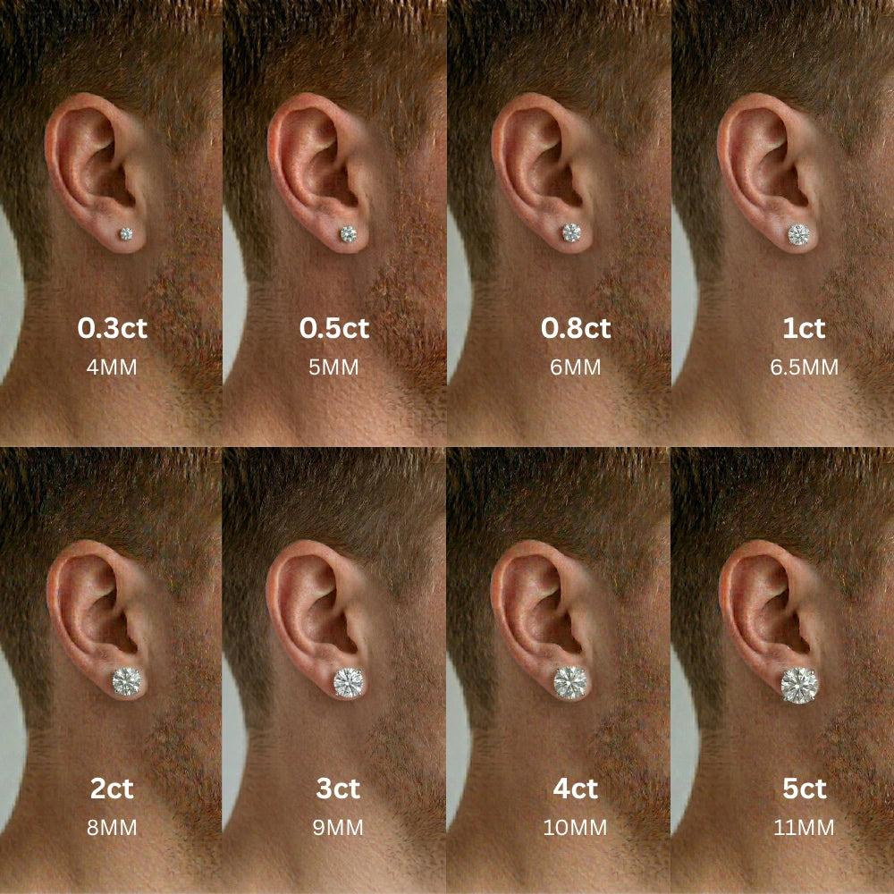Moissanite solitaire stud earrings size comparison on man's ear from 0.3ct 4MM to 5ct 11MM – Sensitive Stones