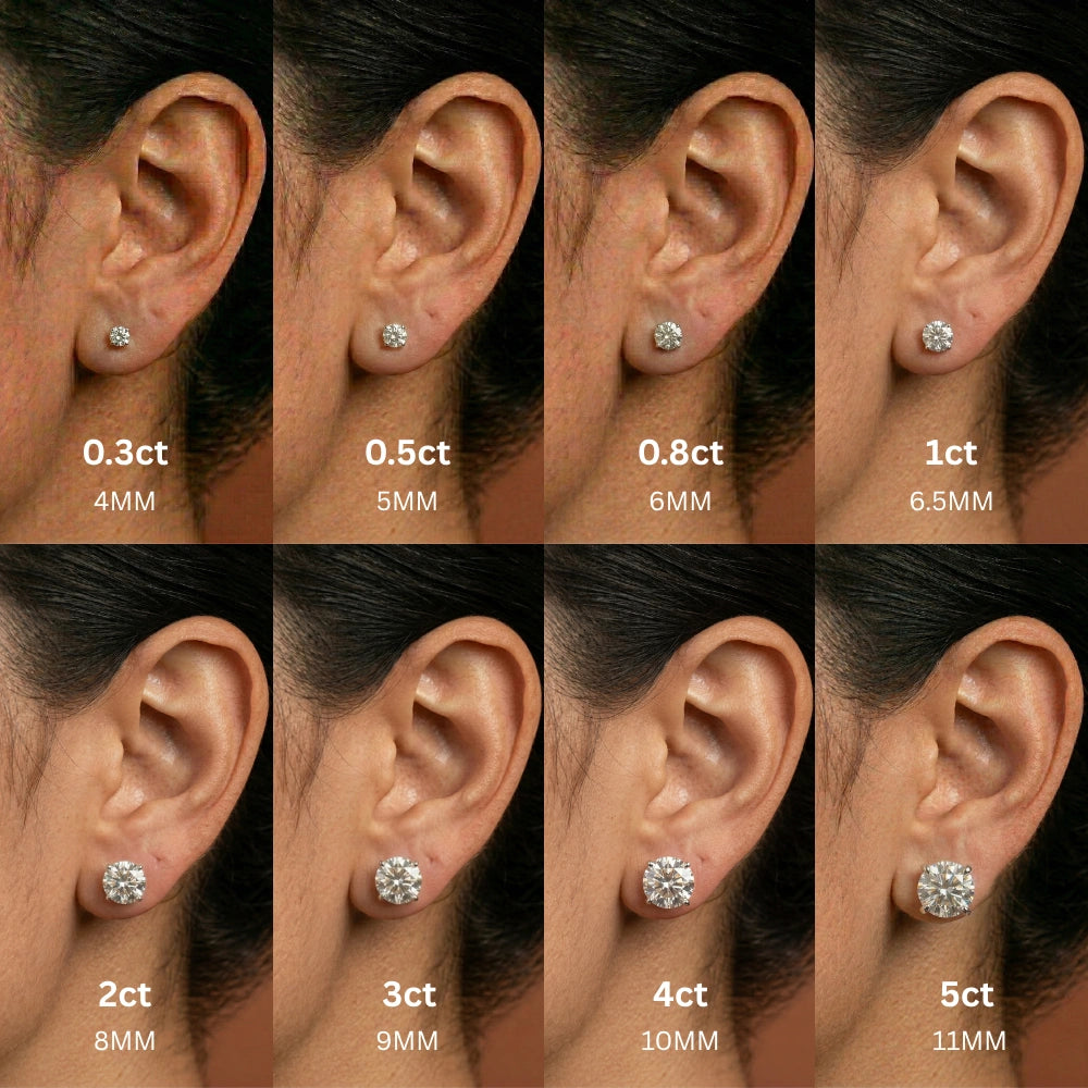 Moissanite solitaire stud earrings size comparison on woman's ear from 0.3ct 4MM to 5ct 11MM – Sensitive Stones