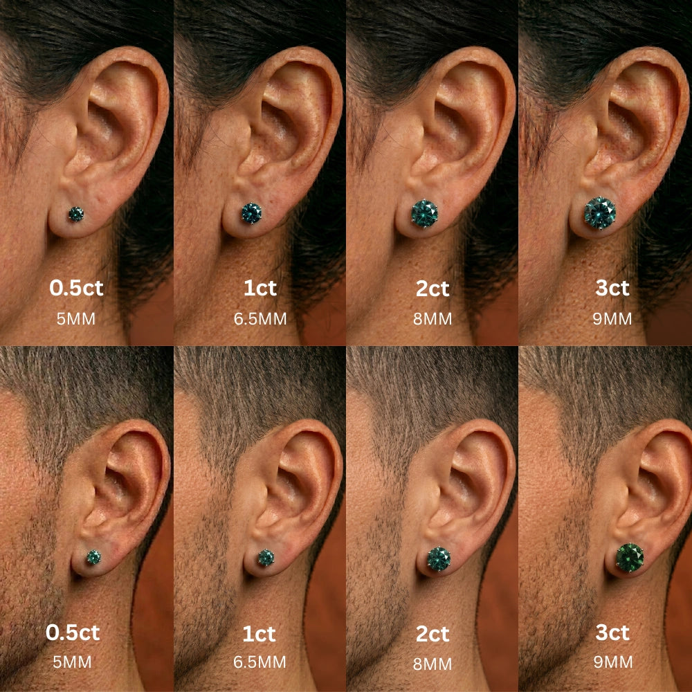 Moissanite stud earrings size comparison showing 0.5ct 5mm, 1ct 6.5mm, 2ct 8mm and 3ct 9mm worn on ear - Sensitive Stones
