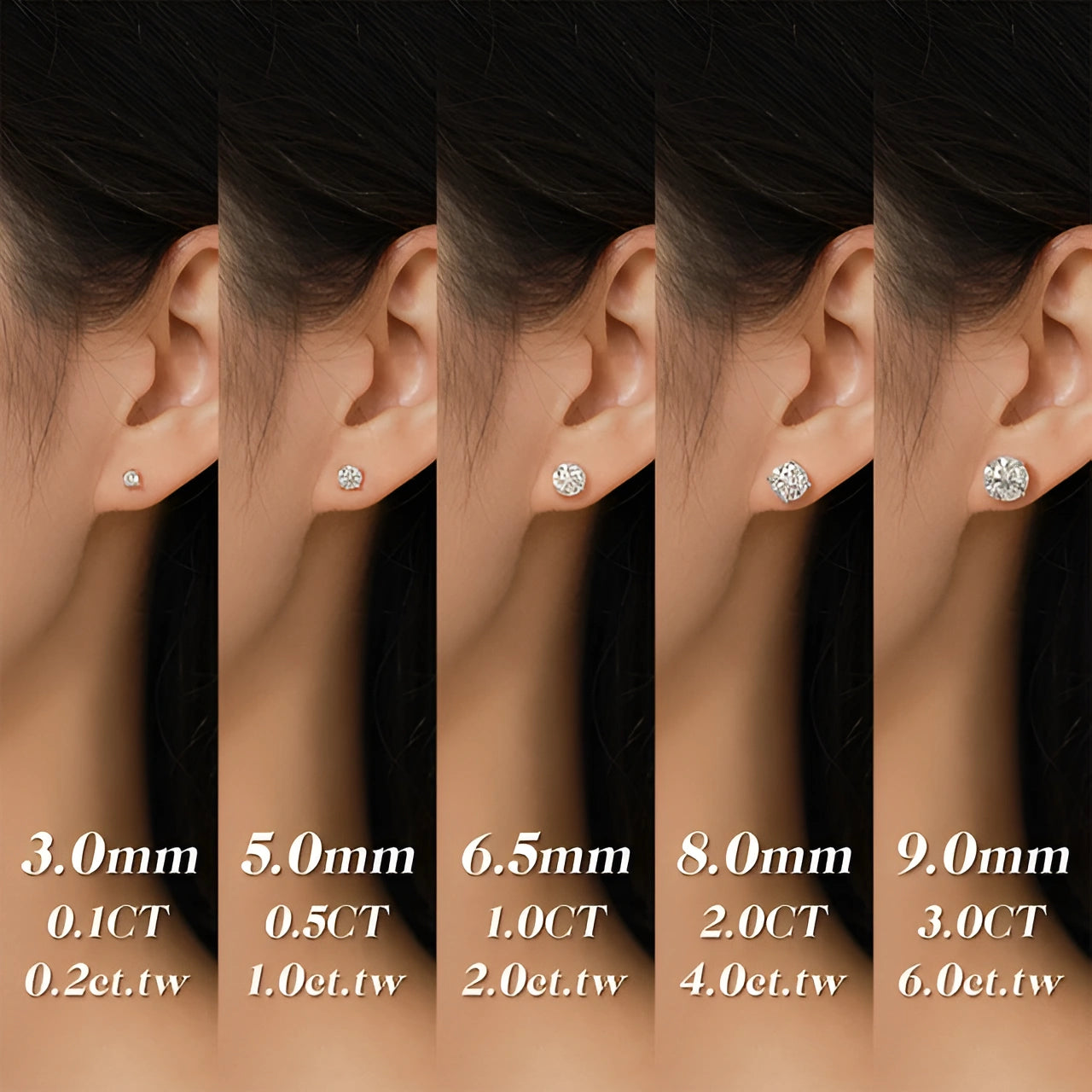 Moissanite stud earrings size comparison chart from 3mm to 9mm on ear, showing 0.1 to 3 carat sizes - Sensitive Stones