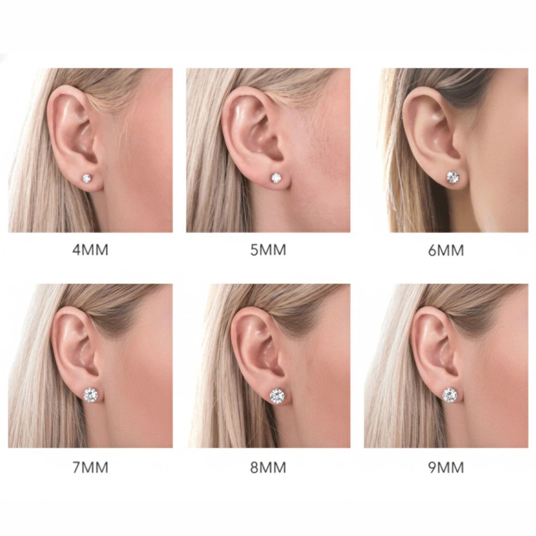 Size comparison of 14K gold-filled moissanite stud earrings from 4mm to 9mm worn on ears - Sensitive Stones