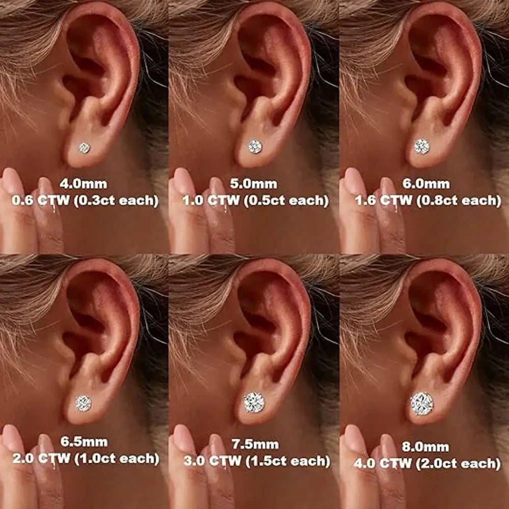 Moissanite stud earrings size guide from 4mm to 8mm shown on ear – Sensitive Stones