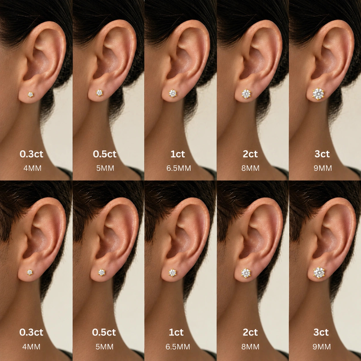 6-prong moissanite solitaire stud earring size guide showing 0.3ct to 3ct on female and male ears, 4mm to 9mm - Sensitive Stones