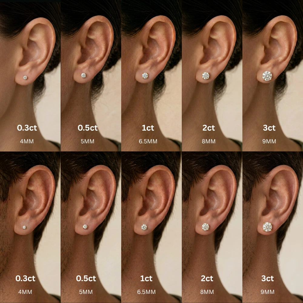 Moissanite solitaire stud earring size guide showing 0.3ct to 3ct on female and male ears, 4mm to 9mm - Sensitive Stones