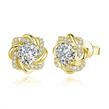Pair of 1ct moissanite swirl flower stud earrings in 18K gold plated 925 sterling silver with pavé cubic zirconia accents in natural light - Sensitive Stones