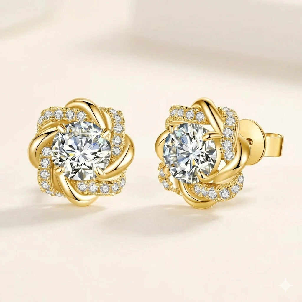 1ct moissanite swirl flower stud earrings in 18K gold plated 925 sterling silver showing front and side view with cubic zirconia pavé accents - Sensitive Stones