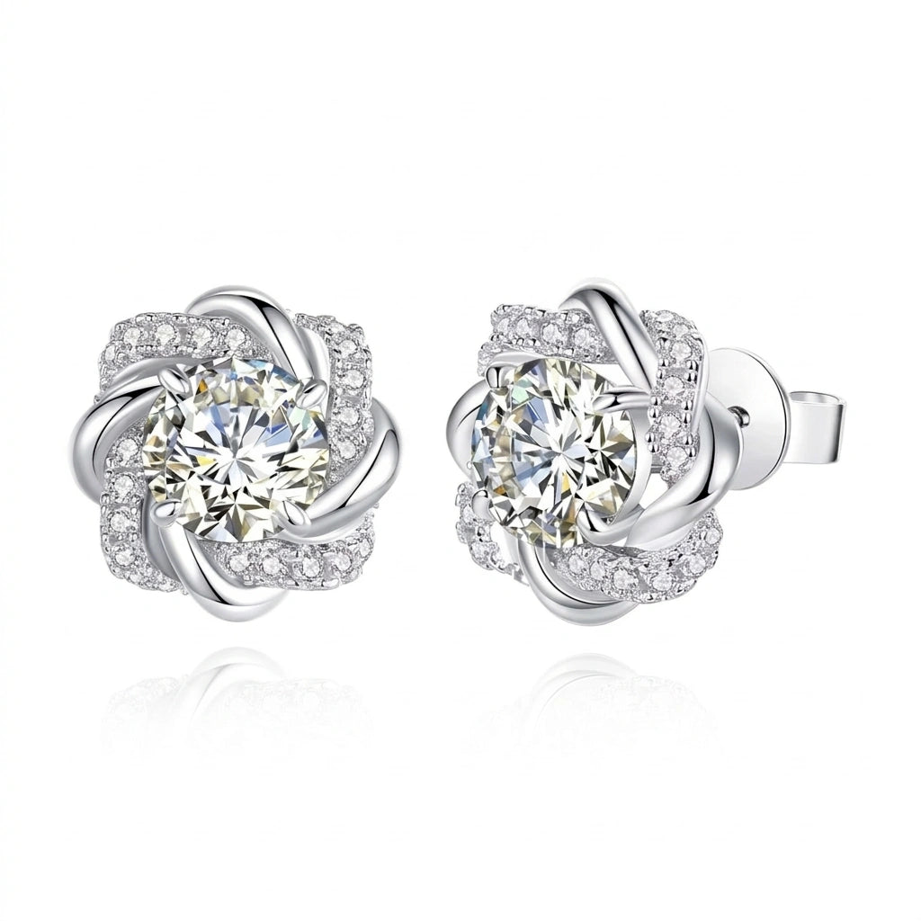 1ct moissanite swirl flower stud earrings in 925 sterling silver with cubic zirconia pavé accents showing front and side view - Sensitive Stones