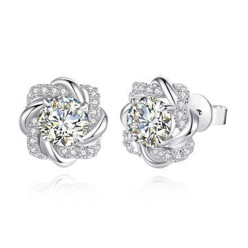 1ct moissanite swirl flower stud earrings in 925 sterling silver with cubic zirconia pavé accents showing front and side view - Sensitive Stones