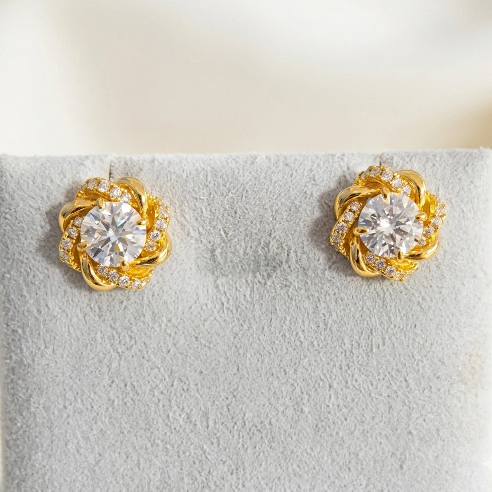  1ct moissanite swirl flower stud earrings in 18K gold plated 925 sterling silver presented in luxury jewelry box - Sensitive Stones