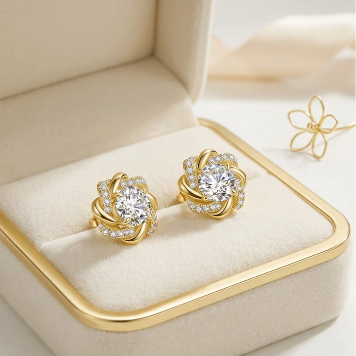 1ct moissanite swirl flower stud earrings in 18K gold plated 925 sterling silver presented in luxury jewelry box - Sensitive Stones