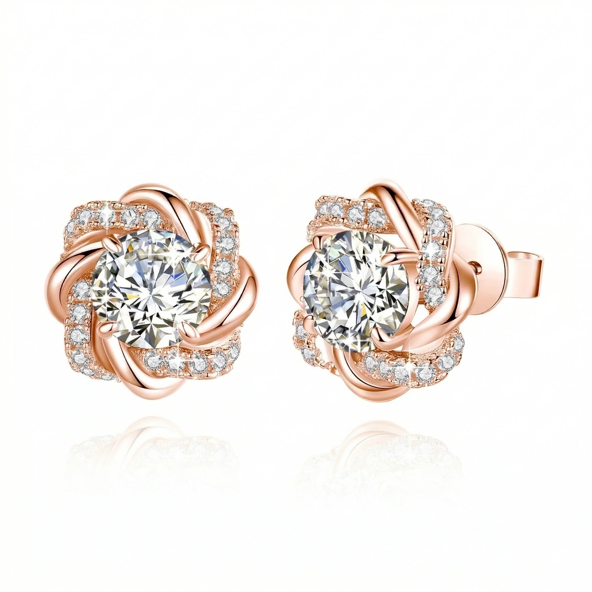 1ct moissanite swirl flower stud earrings in rose gold plated 925 sterling silver with cubic zirconia pavé accents front and side view - Sensitive Stones