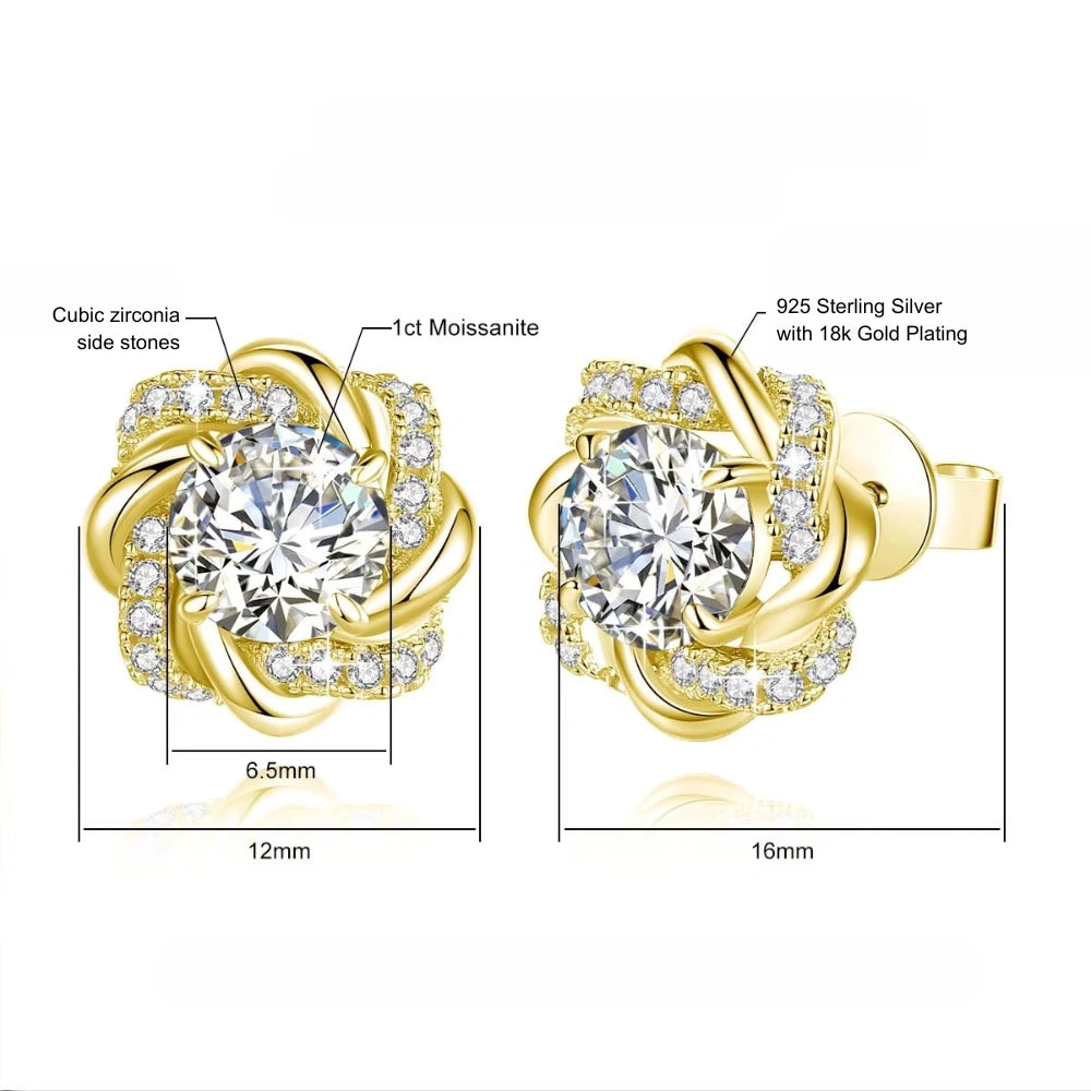 Moissanite swirl flower stud earrings size guide showing 6.5mm center stone, 12mm and 16mm total diameter in 18K gold plated 925 sterling silver - Sensitive Stones