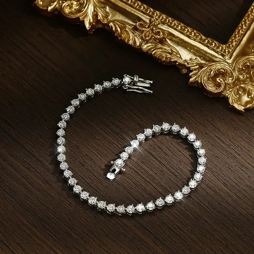 Moissanite tennis bracelet with 3mm round stones in 3-prong setting, 925 sterling silver, 18K white gold plated, GRA certified - Sensitive Stones