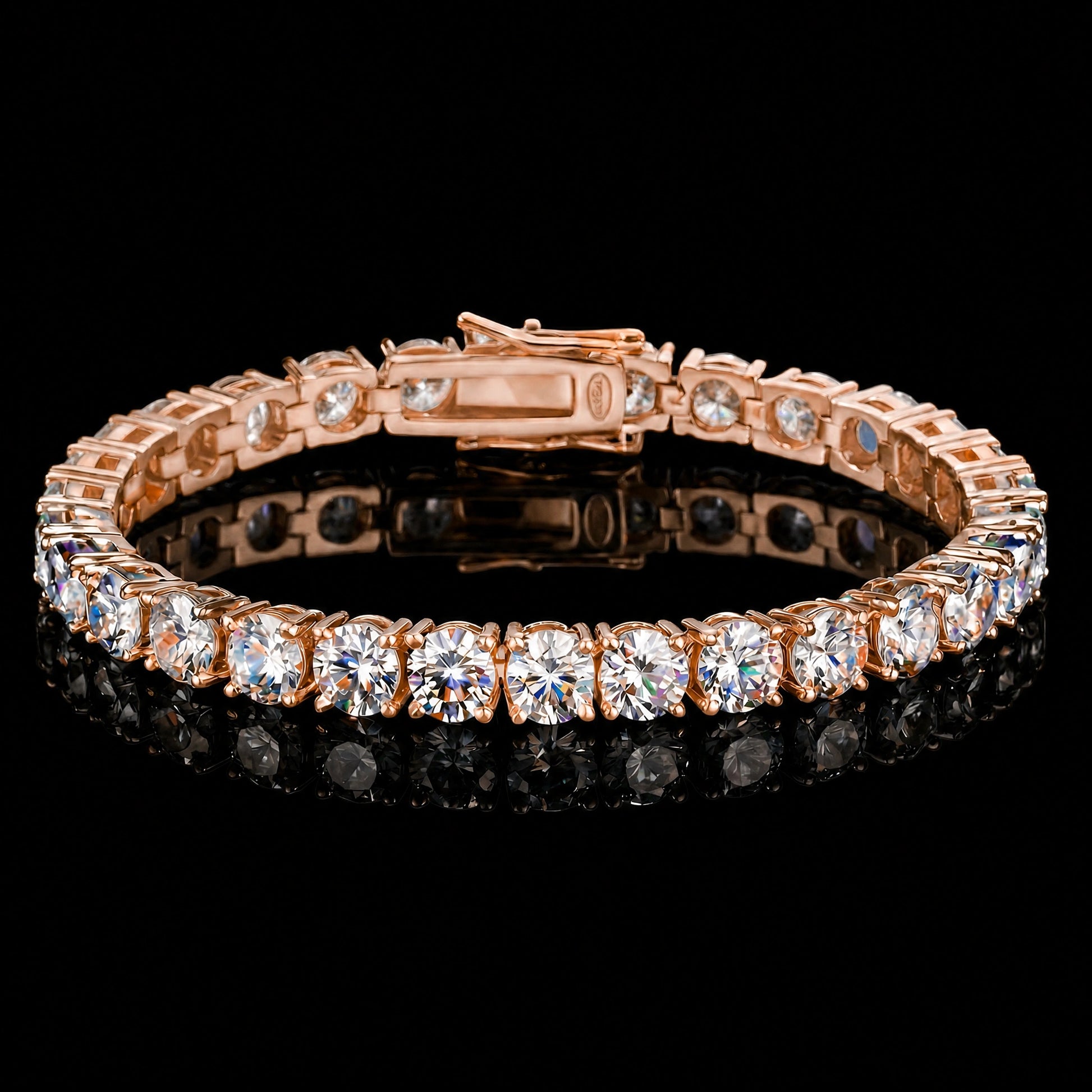A 5mm moissanite tennis bracelet with clear round-cut stones set in 925 sterling silver with rose gold finish, featuring a central clasp, displayed on a reflective black surface against a black background - Sensitive Stones