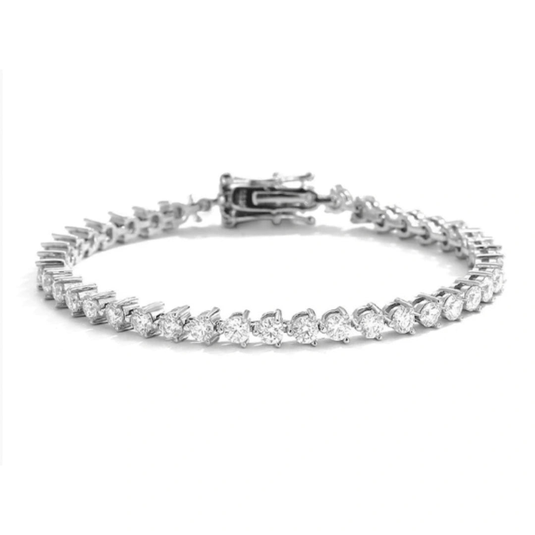 GRA-certified 3mm moissanite tennis bracelet with 3-prong setting on white background - Sensitive Stones