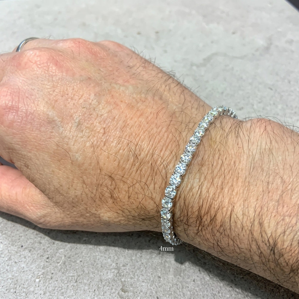 Moissanite tennis bracelet 4mm white gold on a man's wrist - Sensitive Stones