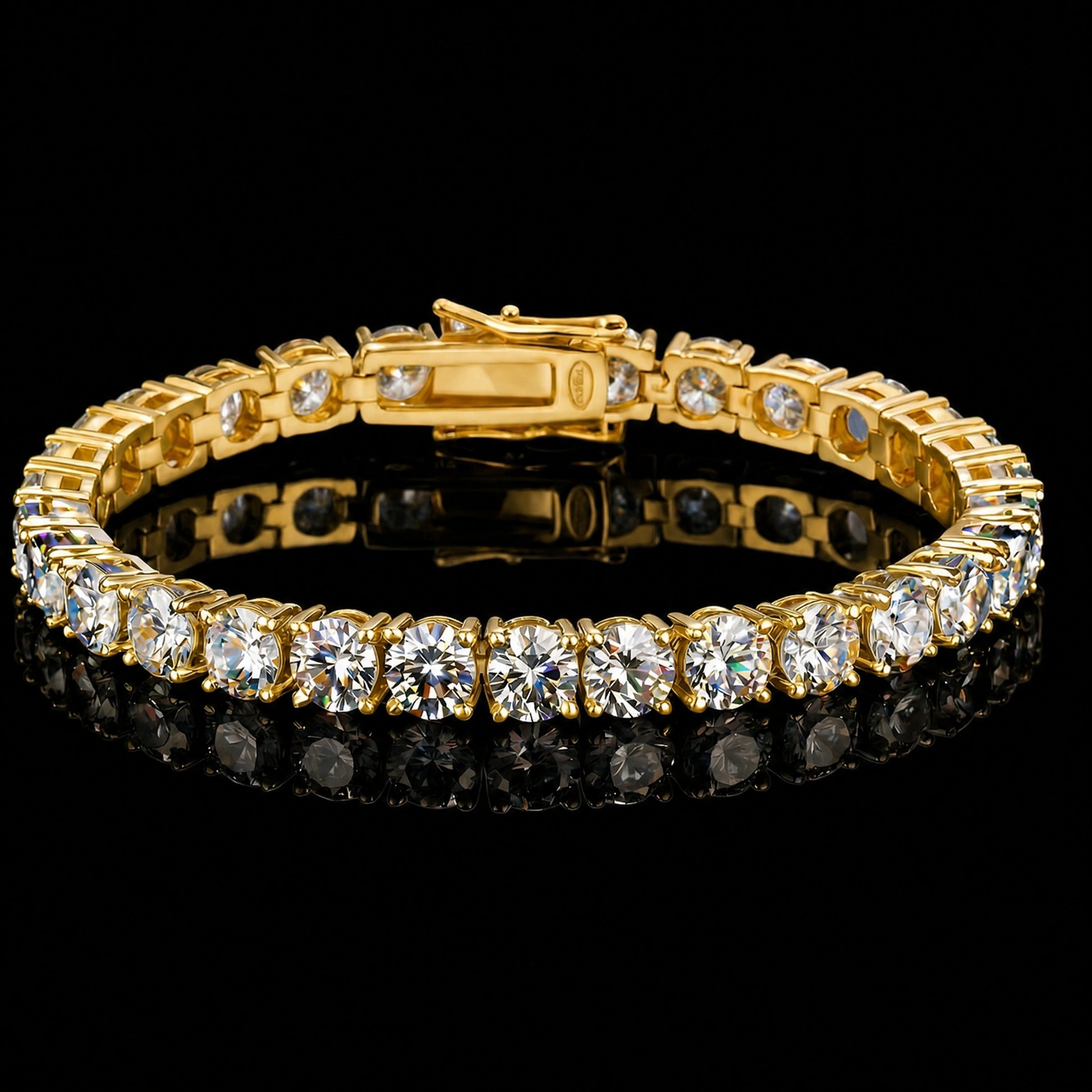 A 5mm moissanite tennis bracelet with clear round-cut stones set in 925 sterling silver with yellow gold finish, featuring a central clasp, displayed on a reflective black surface against a black background - Sensitive Stones