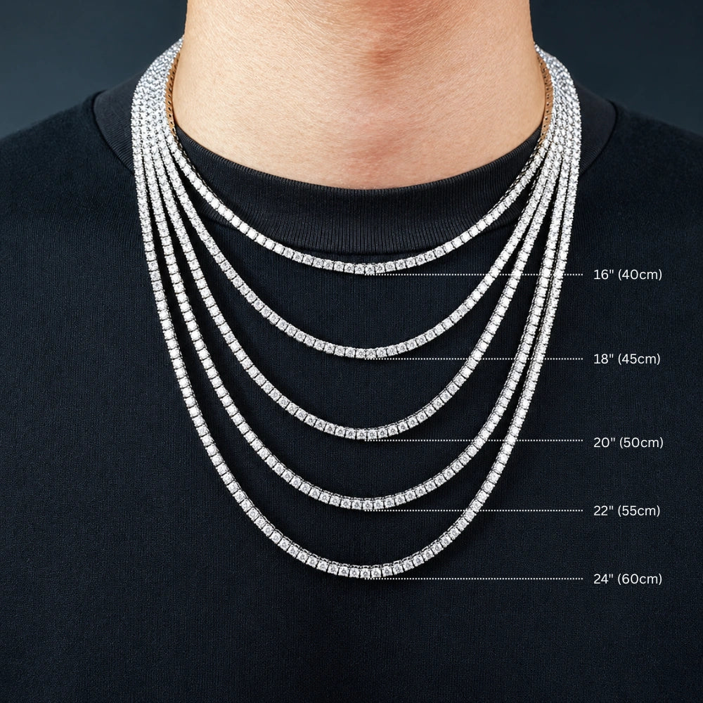 Moissanite tennis necklace length guide on male model showing 16in to 24in options - Sensitive Stones