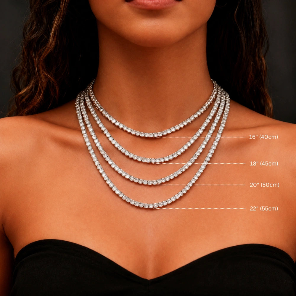 Moissanite tennis necklace length guide on female model showing 16in to 22in options - Sensitive Stones