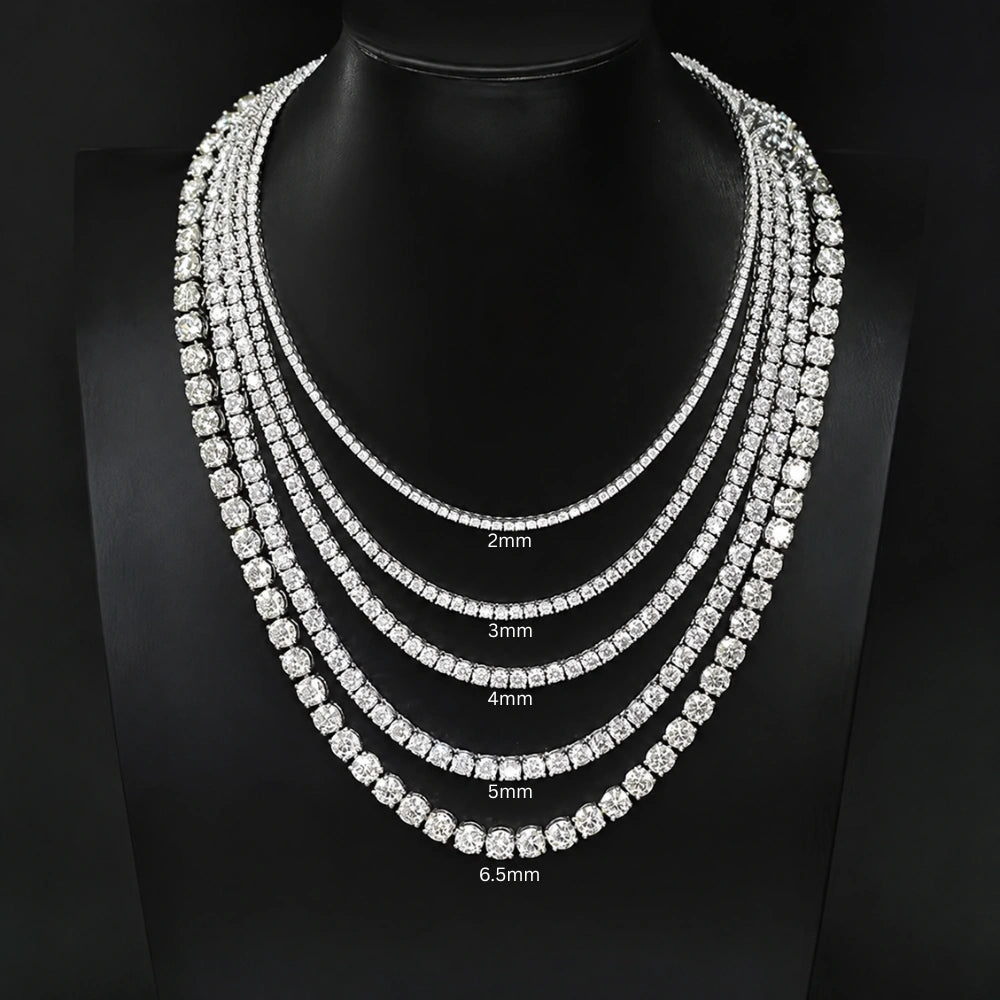 Moissanite tennis necklace stone size comparison chart showing 2mm, 3mm, 4mm, 5mm and 6.5mm widths on a black display bust - Sensitive Stones
