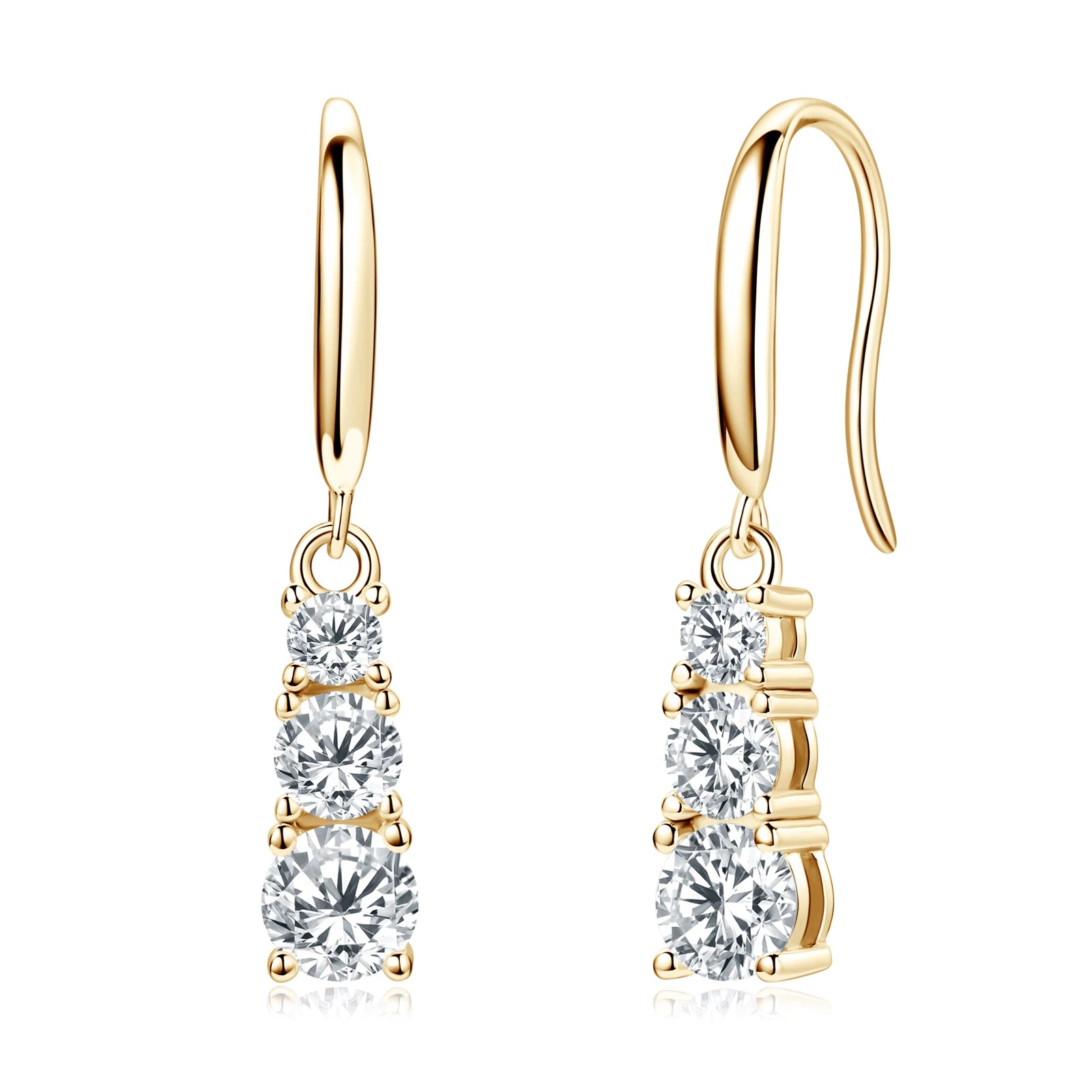 Moissanite three-stone dangle earrings in 925 sterling silver with gold plating front and angled view - Sensitive Stones