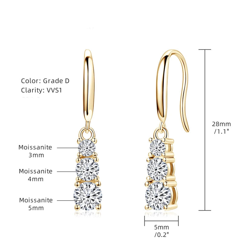 Moissanite three-stone dangle earrings product details showing size, stone carat - Sensitive Stones