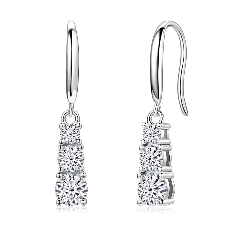 Moissanite three-stone dangle earrings in silver, front and angled product view - Sensitive Stones