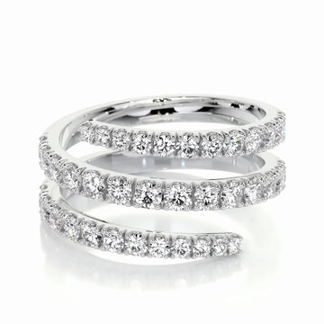 Moissanite triple wrap spiral ring in 925 sterling silver with a white gold finish showing the three-coil design - Sensitive Stones