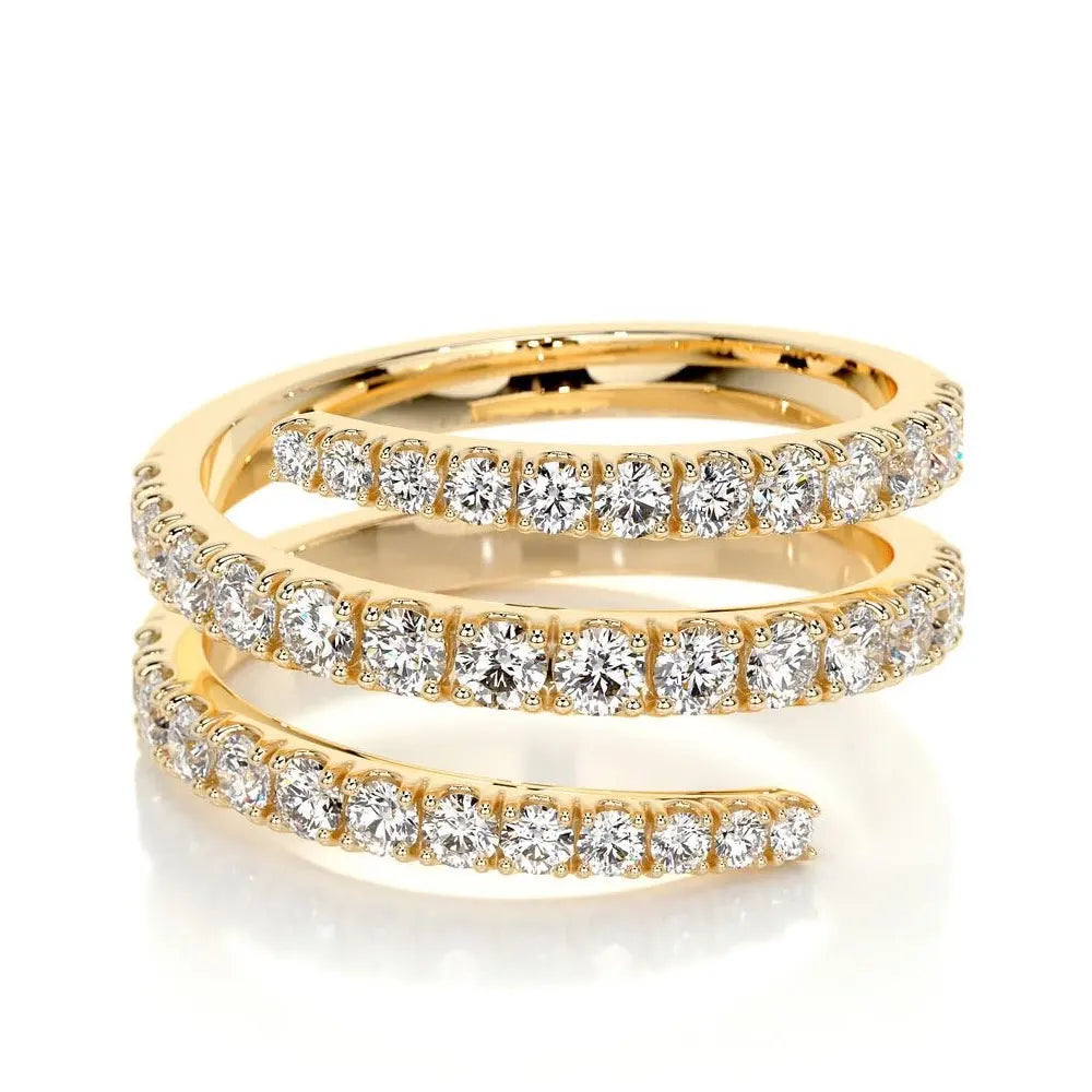 Moissanite triple wrap spiral ring in 925 sterling silver with a yellow gold finish on a white background with prong-set round stones across three coils - Sensitive Stones