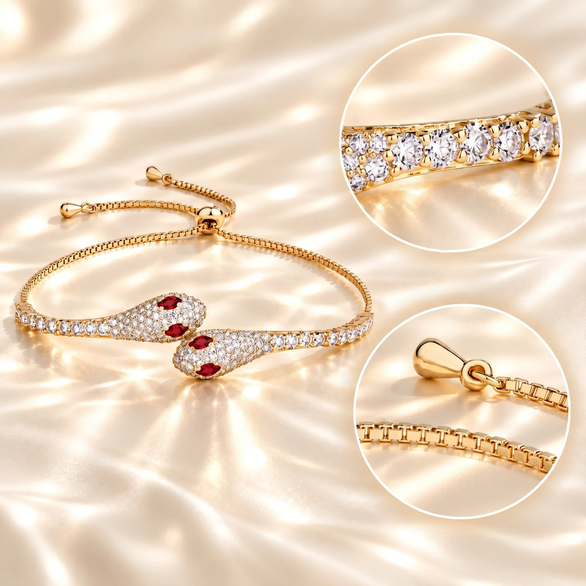 Moissanite twin snake bracelet in a yellow gold finish with a magnified view of the box chain and the adjustable slider - Sensitive Stones