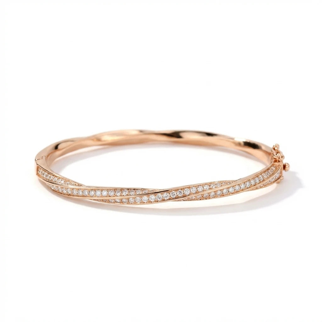 Moissanite twist bangle in 18K rose gold plated 925 sterling silver on white background - Sensitive Stones